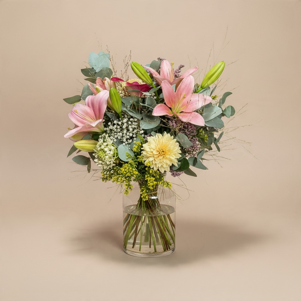 Der Lilienstrauß Rosa Lilien und Eukalyptus sind die feste Grundlage: Die Lilien bringen große, offene Blüten und dazu Knospen, die sich in den folgenden Tagen nach und nach öffnen. Der Eukalyptus gibt dem Strauß Struktur und seinen typischen frischen Duft. Ergänzt wird er mit Blumen, die unsere Floristen tagesfrisch auswählen – etwa Chrysanthemen, Schleierkraut, Goldrute oder zarte Gräser. So ist jeder Strauß ein kleines Unikat, im Charakter aber immer gleich: rosa, frisch und großzügig. Passt zu Der Strauß passt zum Geburtstag, als Dankeschön, zur Einweihung oder als Gruß, der einfach Freude machen soll. Die rosa Töne wirken herzlich, ohne zu verspielt zu sein. Wir binden ihn frisch und liefern ihn in Hamburg. Pflege Schneiden Sie die Stiele schräg an und stellen Sie den Strauß in frisches, kühles Wasser, das Sie alle ein bis zwei Tage wechseln. Zupfen Sie bei aufgehenden Lilien die Staubgefäße vorsichtig ab – ihr Pollen färbt stark auf Kleidung und Tischdecken ab. Bitte beachten Sie: Lilien sind für Katzen giftig. Merkmale Feste Bestandteile: rosa Lilien und Eukalyptus Weitere Blumen nach Wahl unserer Floristen Farben: Rosa, Creme, Salbeigrün mit gelben Akzenten Frei und locker gebunden Lilien mit Knospen für eine lange Blütezeit